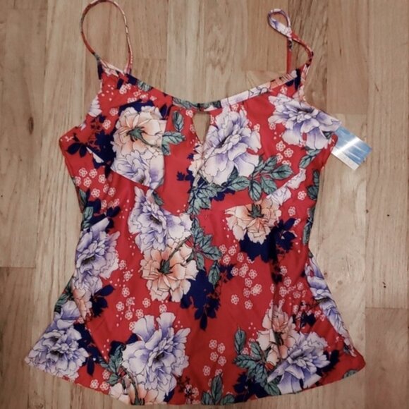 CLEANWATER Red Floral Ruffle Keyhole Tankini Swim Top - Picture 2 of 5